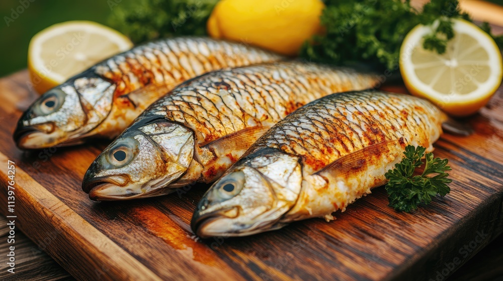Fresh Grilled Fish on Wooden Cutting Board with Lemon and Herbs Fresh Grilled Fish on Wooden Cutting Board with Lemon and Herbs