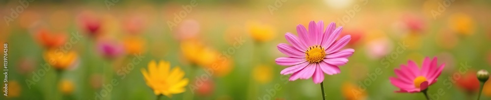 Pink gerber daisy with yellow heart in a field of wildflowers, organic, nature, field Pink gerber daisy with yellow heart in a field of wildflowers, organic, nature, field