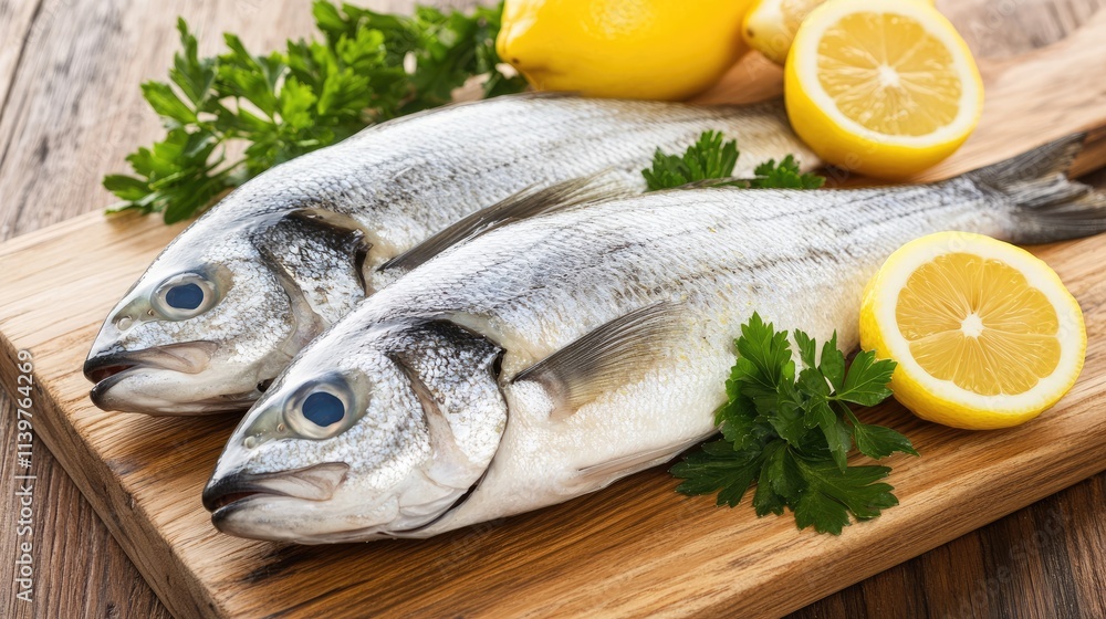 Fresh Whole Fish with Lemon and Herbs on Wooden Cutting Board Fresh Whole Fish with Lemon and Herbs on Wooden Cutting Board