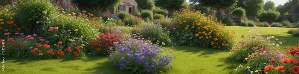 Fototapeta premium Lush green grass and colorful flowers in an English country yard , lawn, entrance, bushes