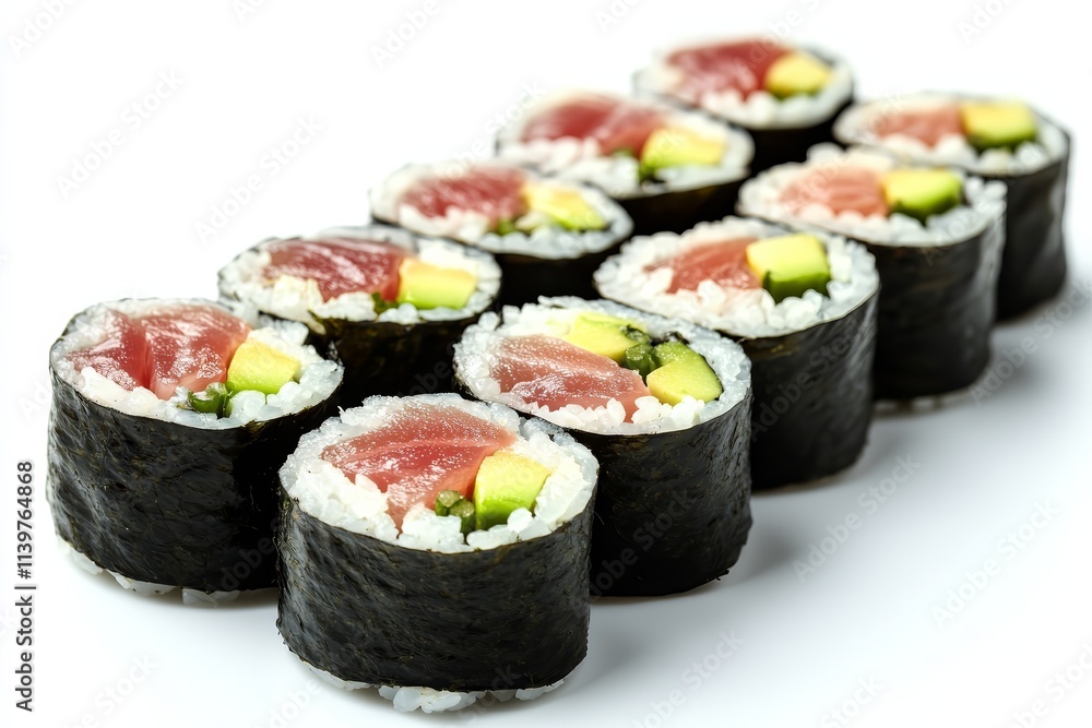 Delicious tuna and avocado maki sushi rolls on white background. Delicious tuna and avocado maki sushi rolls on white background.