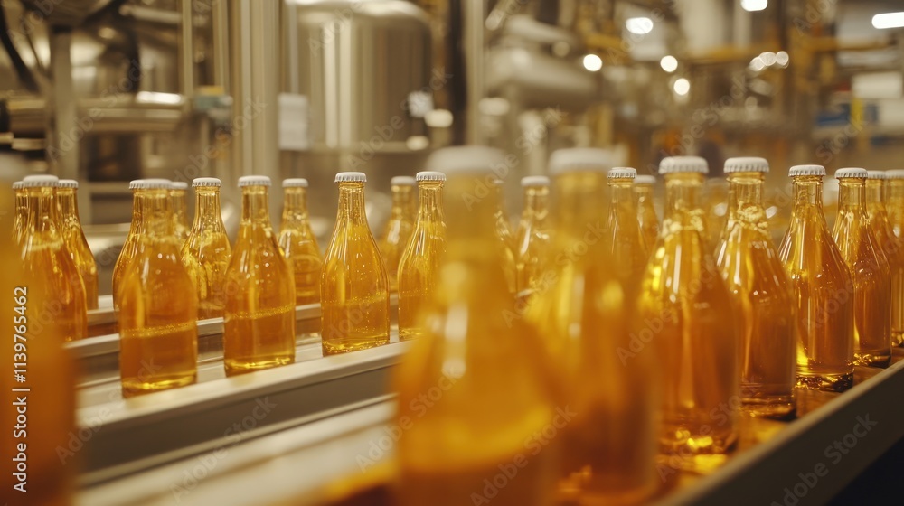 Conveyor belt of amber glass bottles filled with liquid. Conveyor belt of amber glass bottles filled with liquid.