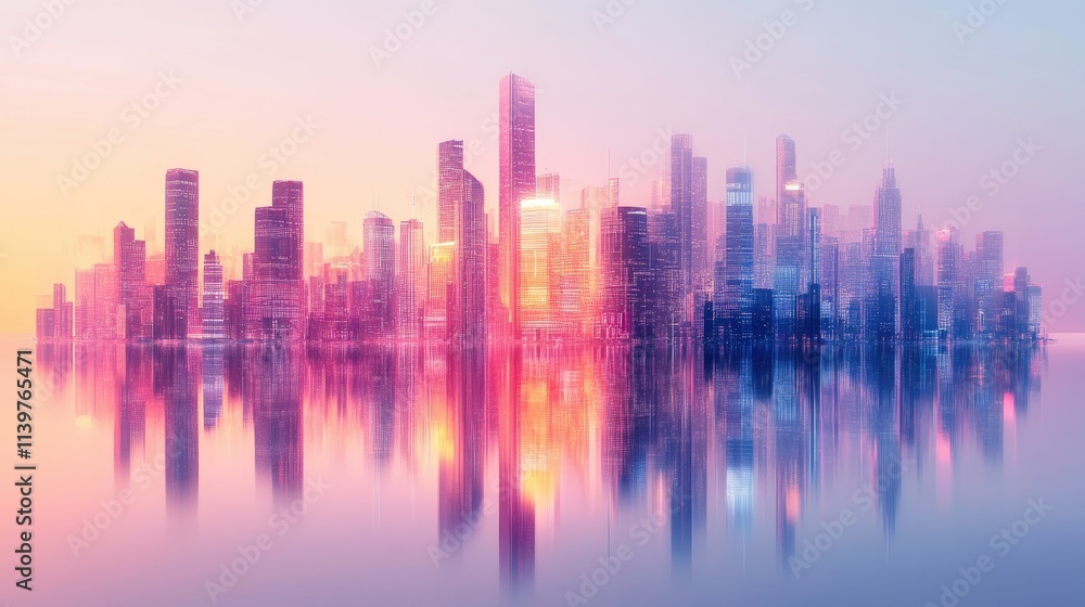 Cityscape Reflection: A Dreamlike Metropolis at Dawn Cityscape Reflection: A Dreamlike Metropolis at Dawn