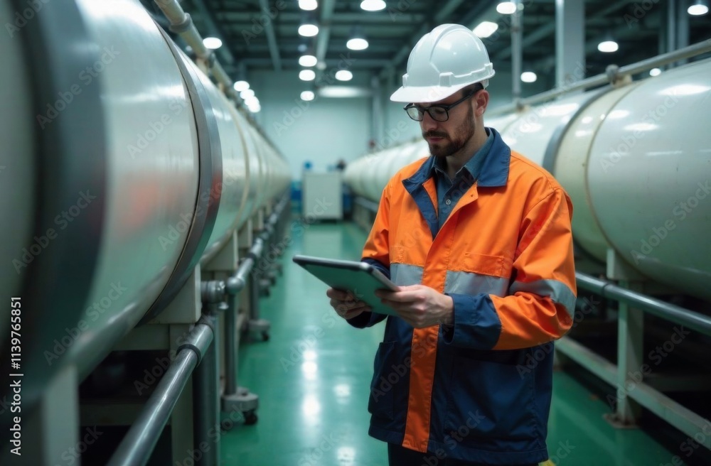 Factory worker in glasses inspects tanker production line with computer tablet Factory worker in glasses inspects tanker production line with computer tablet
