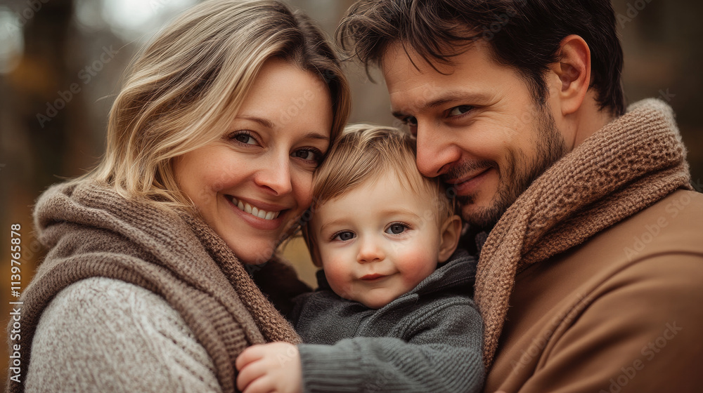 A close-up portrait of the happy family with their child, all wearing cozy winter , smiling and embracing each other in love during an outdoor nature shoot A close-up portrait of the happy family with their child, all wearing cozy winter , smiling and embracing each other in love during an outdoor nature shoot