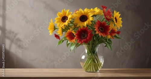 Wallpaper Mural Yellow sunflowers and red alstroemeria in a vase, mixed flowers, bright colors Torontodigital.ca