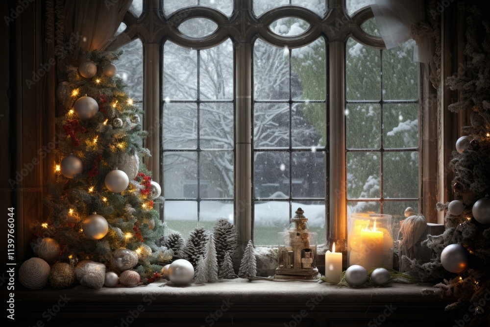 Christmas trees and candles decorating a window sill with snow falling outside Christmas trees and candles decorating a window sill with snow falling outside