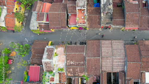 Aerial view of traditional Vietnamese architecture in Hoi An, showcasing cultural heritage and urban design during the Lunar New Year Hoi An photo