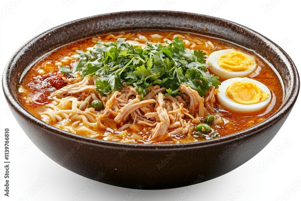 Delicious bowl of spicy chicken noodle soup with egg Delicious bowl of spicy chicken noodle soup with egg