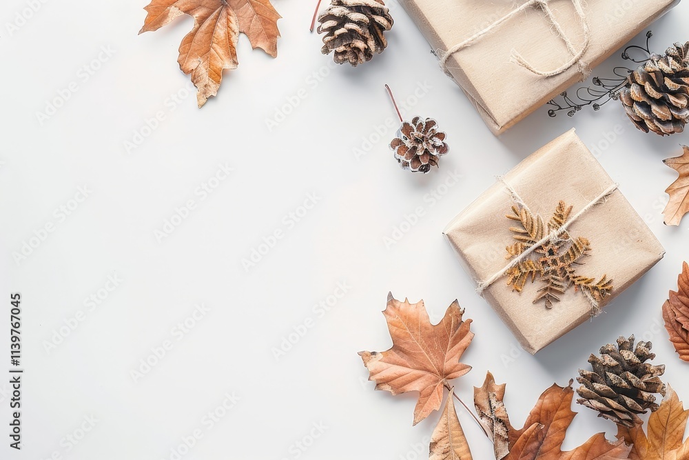 Autumn Gift Wrapping with Pine Cones and Maple Leaves Autumn Gift Wrapping with Pine Cones and Maple Leaves