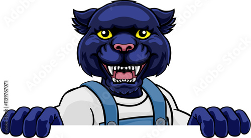 A panther cartoon animal mascot gardener, carpenter, handyman, decorator or builder construction worker peeking around a sign