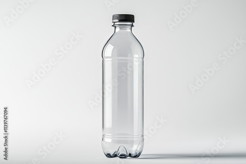 Empty clear plastic bottle with black cap on white background. photo