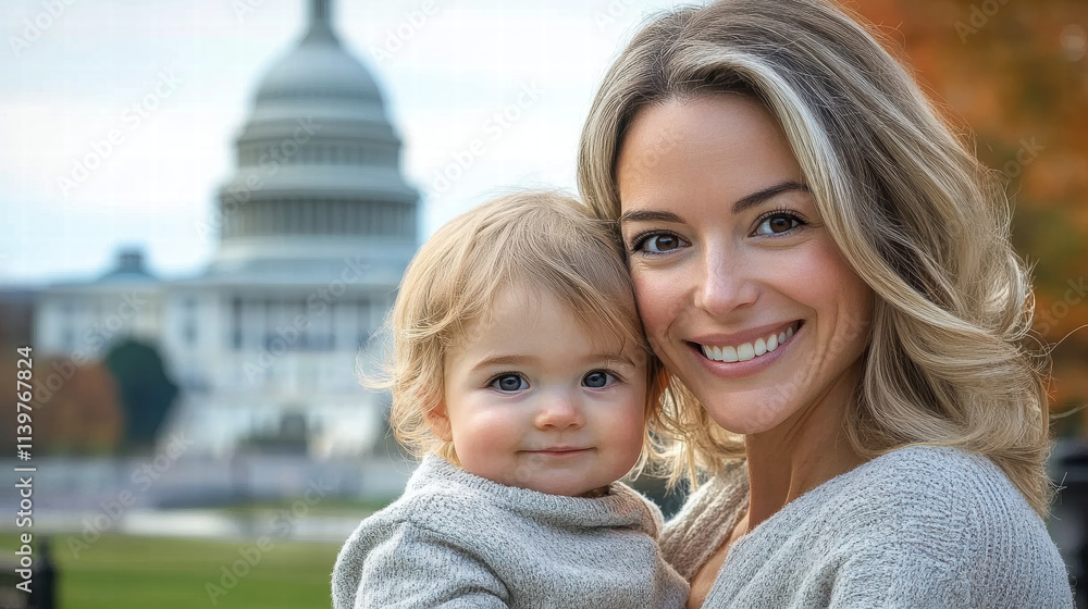 Obraz premium A beautiful blond mother with her baby in her arms smiled as she stood in front of the US Capitol building looking into the camera