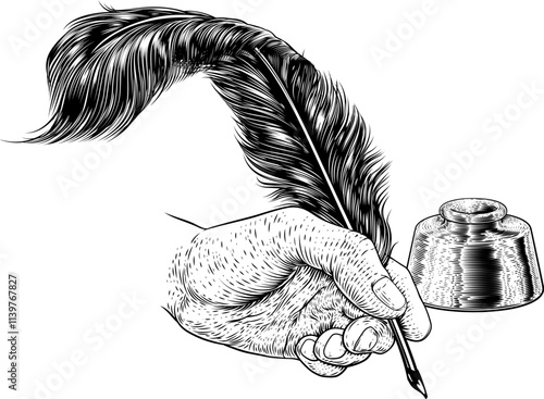 A hand holding or writing with a quill feather antique pen with ink well. In a retro vintage engraved or etched woodcut print style.