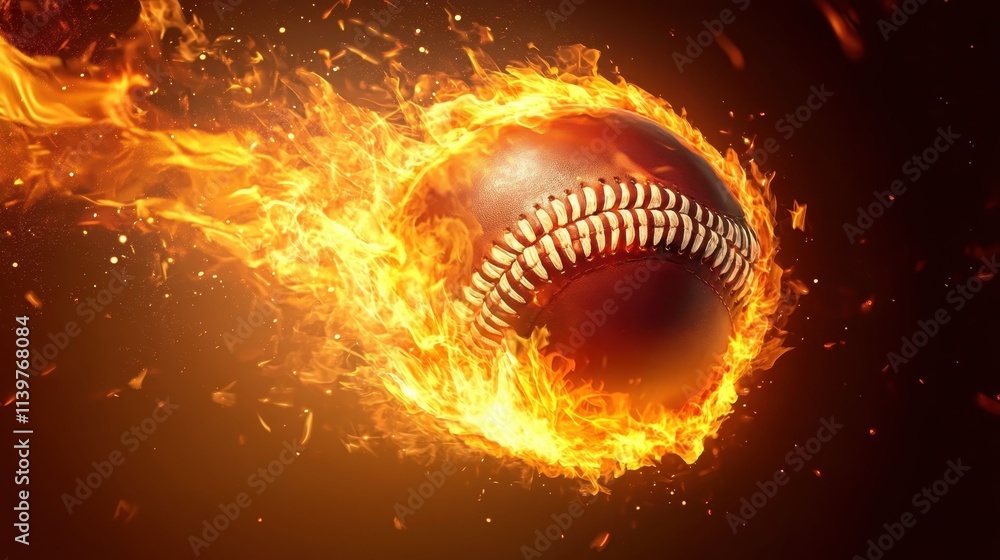Flying baseball in flames on black background,Hot baseball ball in fires flame,Closeup Baseball player hitting ball with bat,home run,baseball field with grandstand,sport day,space for text. Flying baseball in flames on black background,Hot baseball ball in fires flame,Closeup Baseball player hitting ball with bat,home run,baseball field with grandstand,sport day,space for text.