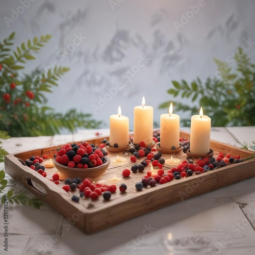 serene landscape with wooden tray containing candles and berries on a white background, white, fruit photo