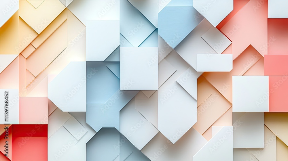 Abstract Geometric Pastel Shapes: A 3D Composition of Interlocking Polygons in Soft Hues Abstract Geometric Pastel Shapes: A 3D Composition of Interlocking Polygons in Soft Hues