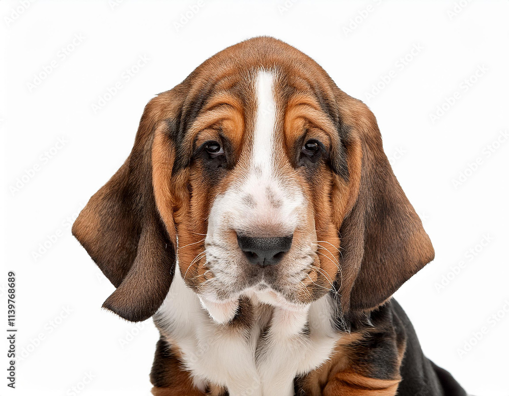 Retrato de estudio de un cachorro de raza Basset Hound sentado aislado sobre fondo blanco Retrato de estudio de un cachorro de raza Basset Hound sentado aislado sobre fondo blanco