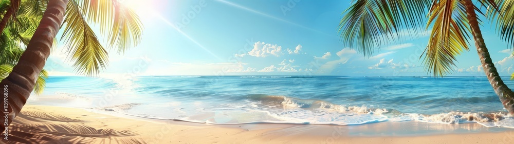 Fototapeta premium Tranquil Beach Scene with Palm Trees