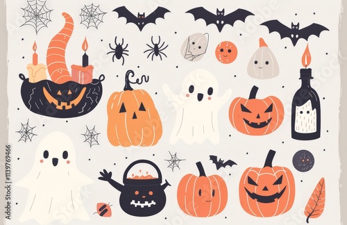 Halloween Illustration with Pumpkins, Bats and Ghosts