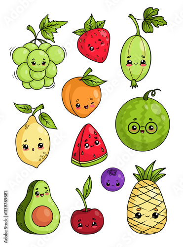 Cute fruit and berries kawaii characters. Tropical pineapple, Lemon, avocado, cherry, apricot, strawberry, grapes, watermelon, gooseberries and blueberries. Isolated Vector drawing