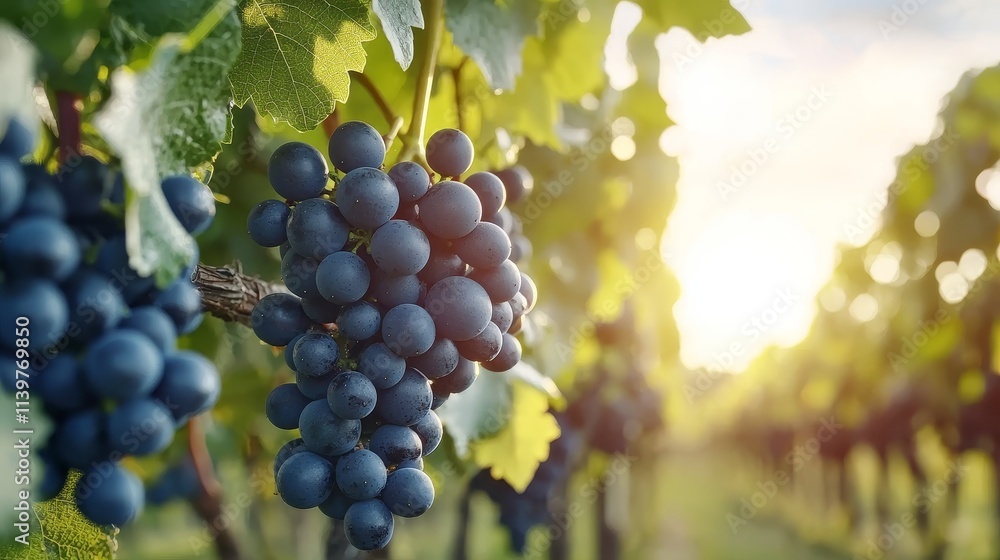 Fototapeta premium Ripe Blue Grapes Hanging from Lush Vines in a Serene Vineyard under Warm Sunset, Representing Harvest Season and Nature's Abundance