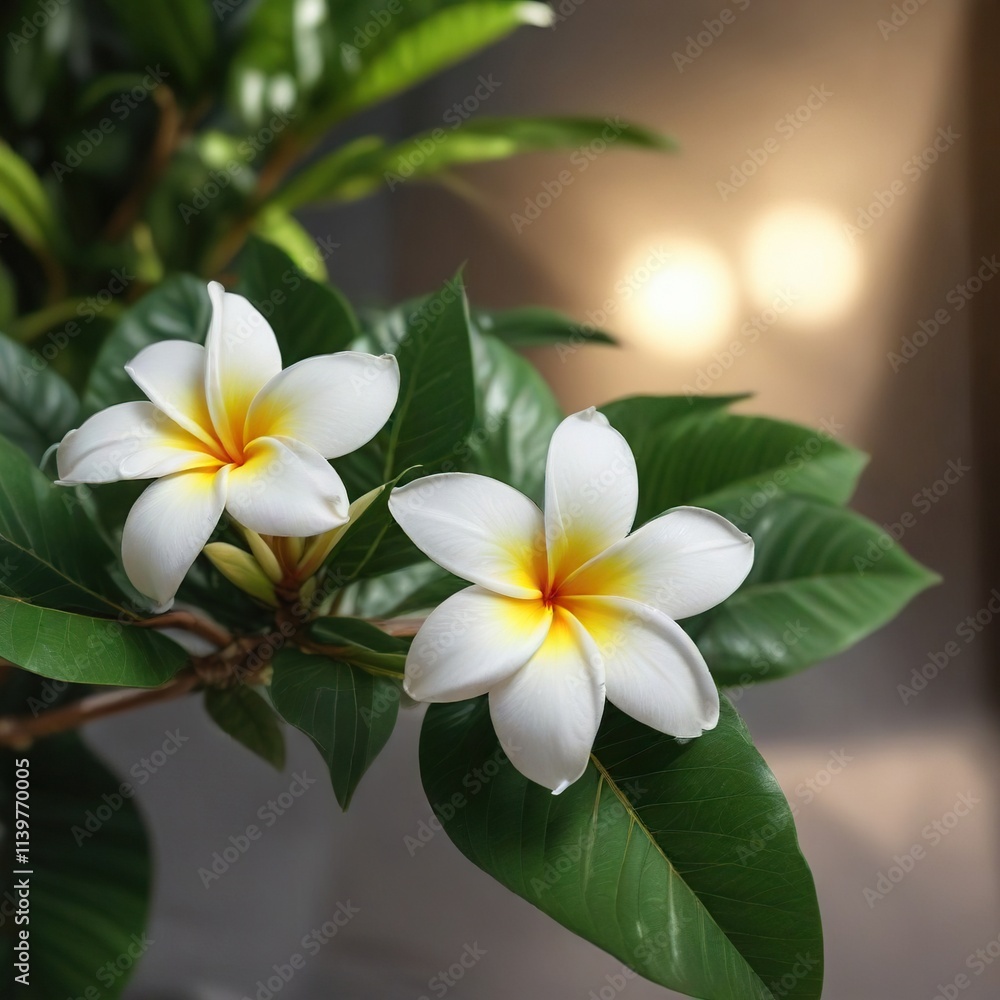 Fototapeta premium White plumeria flower on a small green leaf against a bright light source , botanical image, green foliage, nature