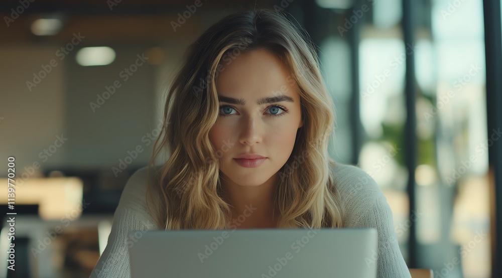 Close-up of a young woman with wavy blonde hair and blue eyes, sitting at a desk in front of a laptop, looking directly ahead. Soft window light enhances her features in a cinematic, medium-shot style Close-up of a young woman with wavy blonde hair and blue eyes, sitting at a desk in front of a laptop, looking directly ahead. Soft window light enhances her features in a cinematic, medium-shot style
