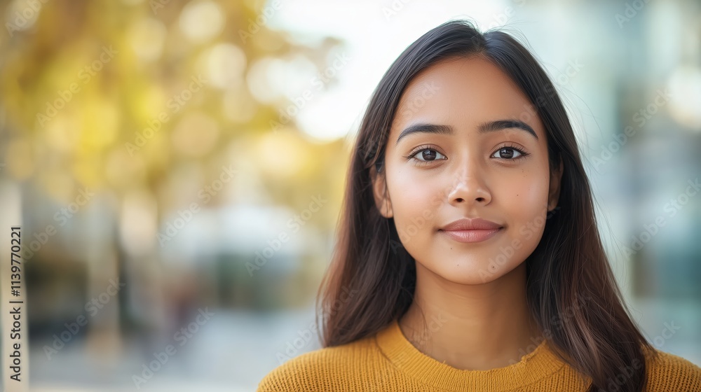 A young Nepali woman in a yellow sweater standing against a modern urban background, looking directly at the camera, bathed in soft natural light, with copy space. A young Nepali woman in a yellow sweater standing against a modern urban background, looking directly at the camera, bathed in soft natural light, with copy space.
