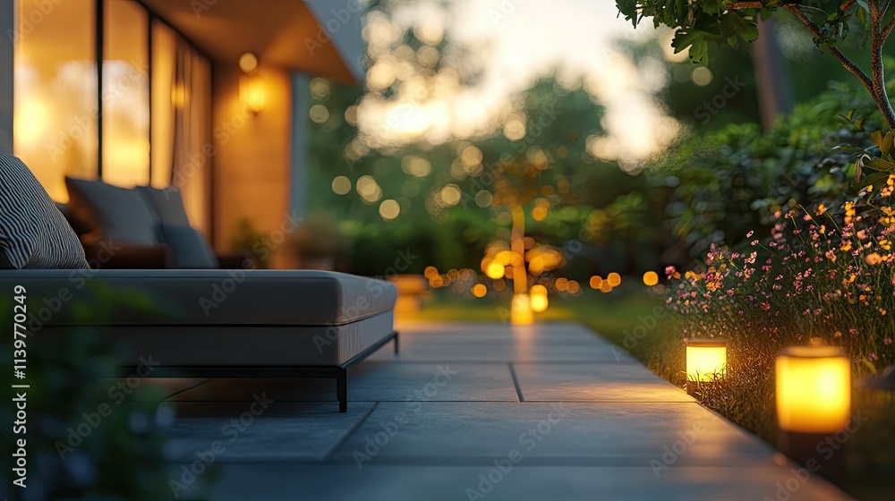 Serene Evening at Modern Home: Outdoor Patio with Warm Lighting Serene Evening at Modern Home: Outdoor Patio with Warm Lighting