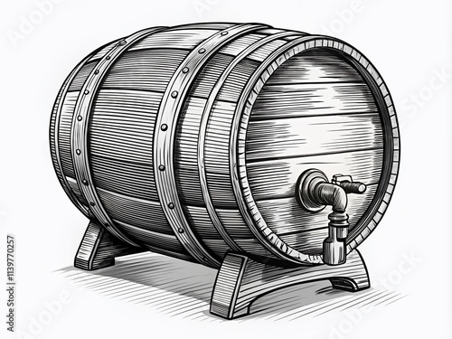 Rustic wooden beer barrel black and white vector graphic, ideal for packaging, beer festivals, and menu design, exuding craftsmanship and celebration of brewing traditions. photo