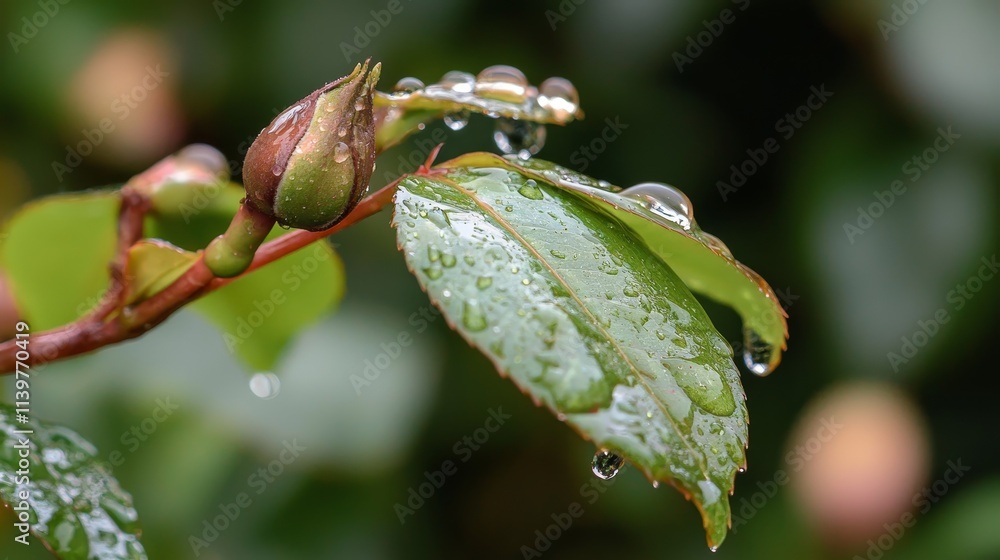 Fresh Rose Bud with Dew Drops on Green Leaves Captured in Nature, Symbolizing Growth, Renewal, and the Beauty of Spring's Arrival in a Serene Garden Environment Fresh Rose Bud with Dew Drops on Green Leaves Captured in Nature, Symbolizing Growth, Renewal, and the Beauty of Spring's Arrival in a Serene Garden Environment