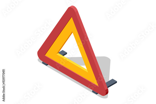Isometric warning triangle for vehicle emergencies. The reflective red and yellow design is used to signal road hazards, breakdowns, or accidents. Red plastic warning triangle.
