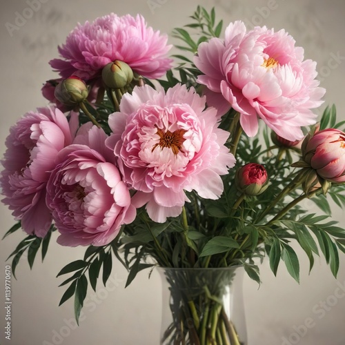 Fototapeta Naklejka Na Ścianę i Meble -  Vintage peonies in a bouquet with wilted stems, rustic background, distressed wood, muted colors
