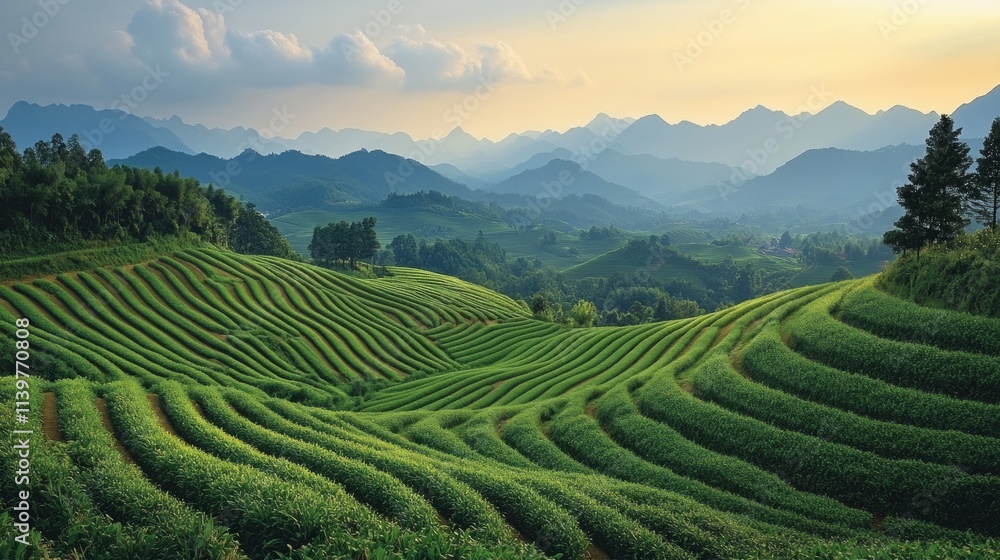 Promoting sustainability in natural terraced fields a serene eco-friendly landscape of irrigated fields in lush mountains Promoting sustainability in natural terraced fields a serene eco-friendly landscape of irrigated fields in lush mountains