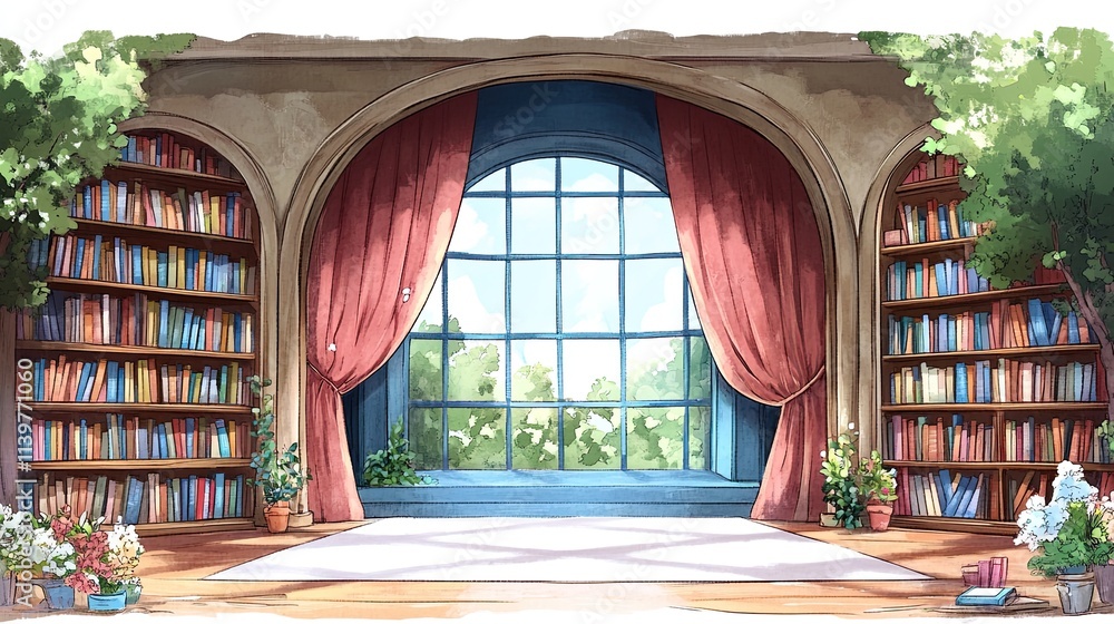 A bright and airy library with large arched windows, filled with bookshelves and natural light streaming in. A bright and airy library with large arched windows, filled with bookshelves and natural light streaming in.