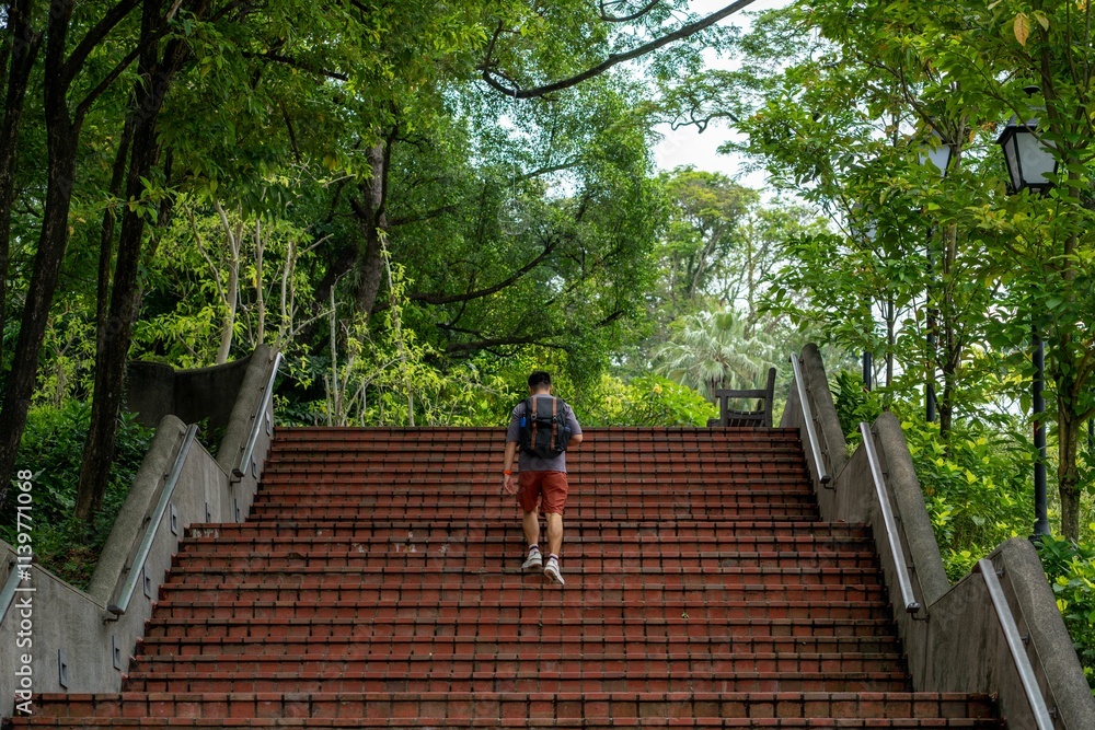 Man climbing stairs in a green park. Man climbing stairs in a green park.