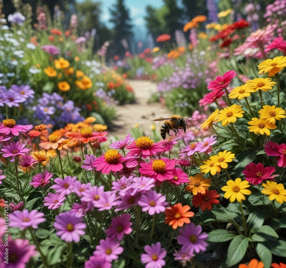 tiny bee amidst a garden full of vibrant colorful flowers, greenery, nature