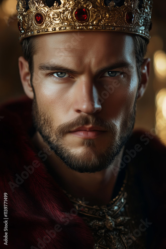 A close-up portrait of a handsome and charismatic king, the main character of a fantasy book, possibly featured on the book cover.  