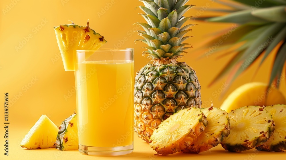 Refreshing glass of pineapple juice surrounded by ripe pineapples, including a halved pineapple and a few round slices artfully arranged. healthy lifestyle concepts, copy space, juice background Refreshing glass of pineapple juice surrounded by ripe pineapples, including a halved pineapple and a few round slices artfully arranged. healthy lifestyle concepts, copy space, juice background