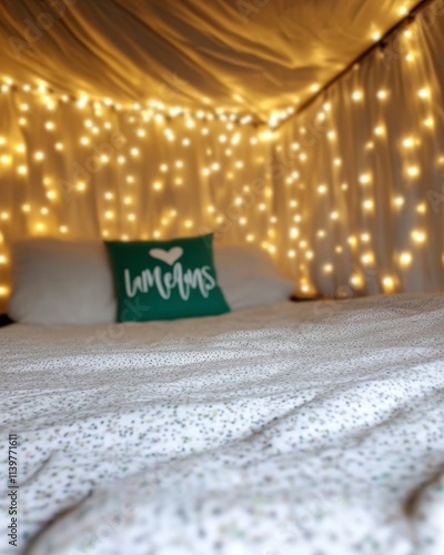 Cozy bedroom fort with fairy lights and pillow. photo