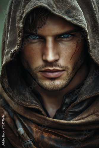 A close-up portrait of a handsome rogue traveler, the main character of a fantasy book, possibly featured on the book cover. 