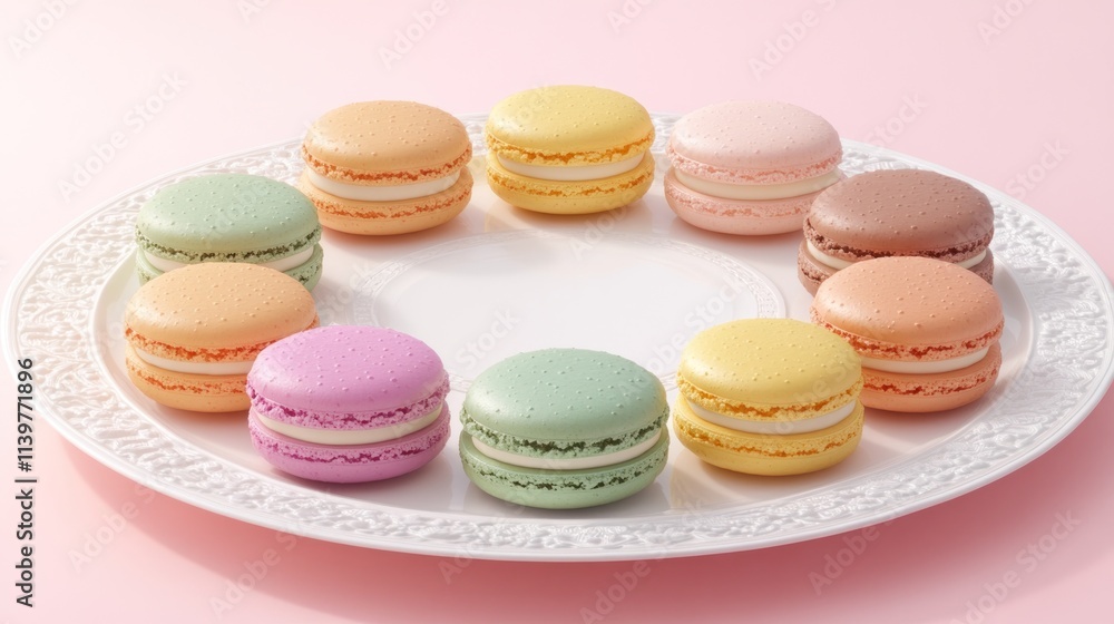 Colorful macarons arranged on a white plate. Colorful macarons arranged on a white plate.