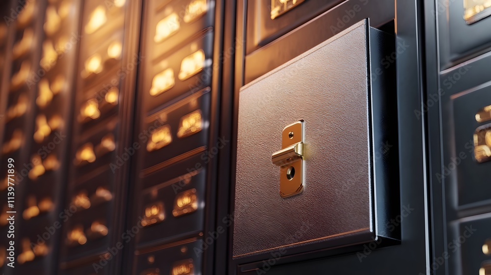 Close-up of a gold-trimmed black safe door with a row of other safes in the background. Close-up of a gold-trimmed black safe door with a row of other safes in the background.