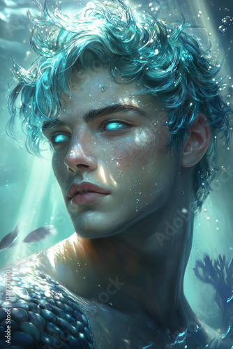 A close-up portrait of a mesmerizingly handsome merman, the main character of a fantasy book, possibly featured on the book cover.  