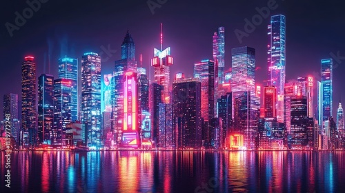 Neon Cityscape at Night: A Futuristic Metropolis Reflecting in Calm Waters