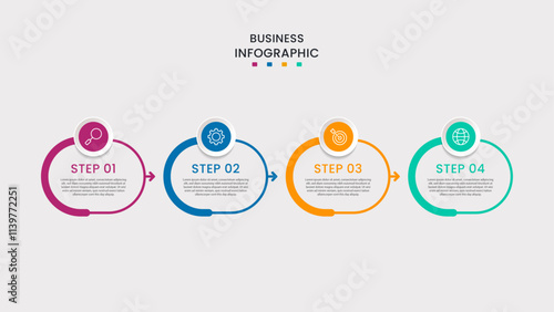 Business infographic template. 4-Step timeline journey. Process diagram, 4 options on white background, Info graph elements vector illustration.