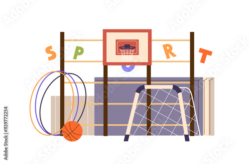 Sports education, PE lesson. School gym with different equipment for training, workout. Classroom to practice physical exercises, learning basketball. Flat isolated vector illustration on white