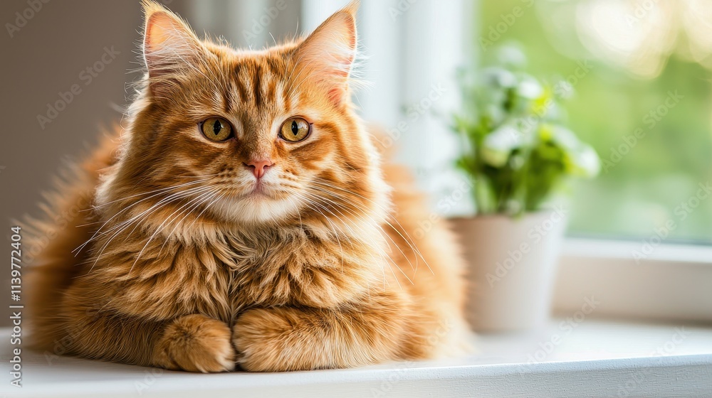 Adorable orange cat resting by the window with green plant in the background Adorable orange cat resting by the window with green plant in the background
