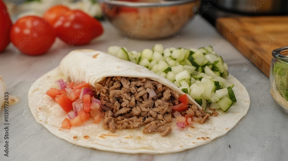 Delicious Freshly Prepared Taco with Ground Meat and Vegetables Delicious Freshly Prepared Taco with Ground Meat and Vegetables